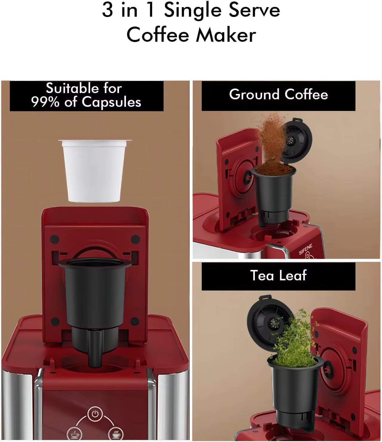 Single Serve Coffee Machine, 3-In-1 Pod Coffee Maker for K-Pod Capsule, Ground Coffee, and Leaf Tea with 6-10 Oz Cup Size